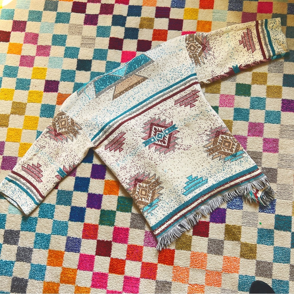 VTG Handmade Southwestern Aztec Native American Blanket Fringe Cardigan / Coat - Picture 6 of 16